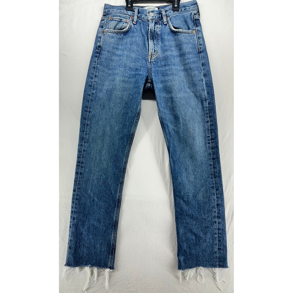 AGOLDE Women 25 Blue High Rise Straight Leg Raw Hem Jeans Medium Wash